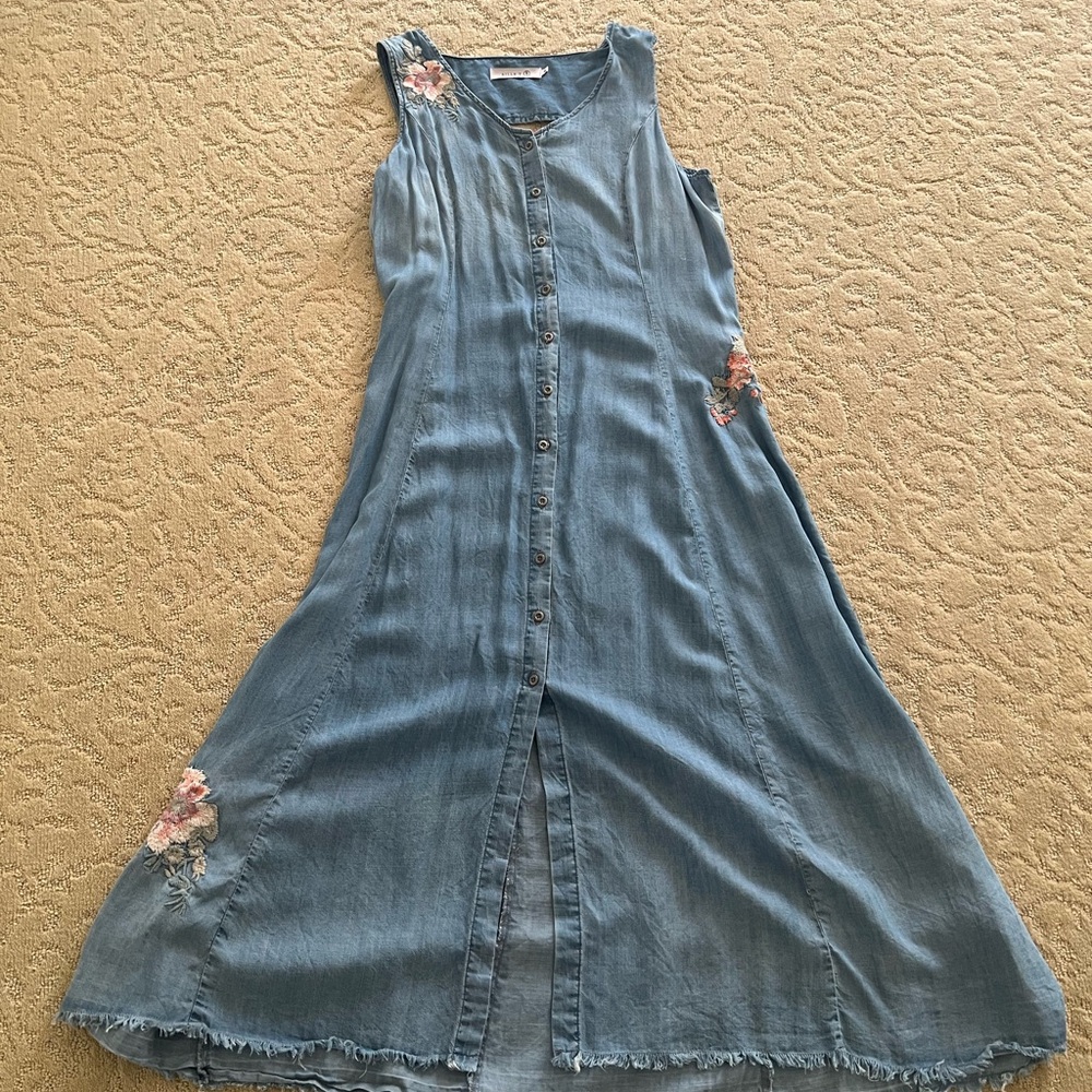 Billy T Denim Blue Maxi Dress with Floral Embroidery - medium